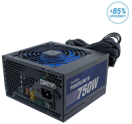 Fonte de alimentação PC CoolBox POWERLINE III 750W preta com ventoinha azul e cabo preto