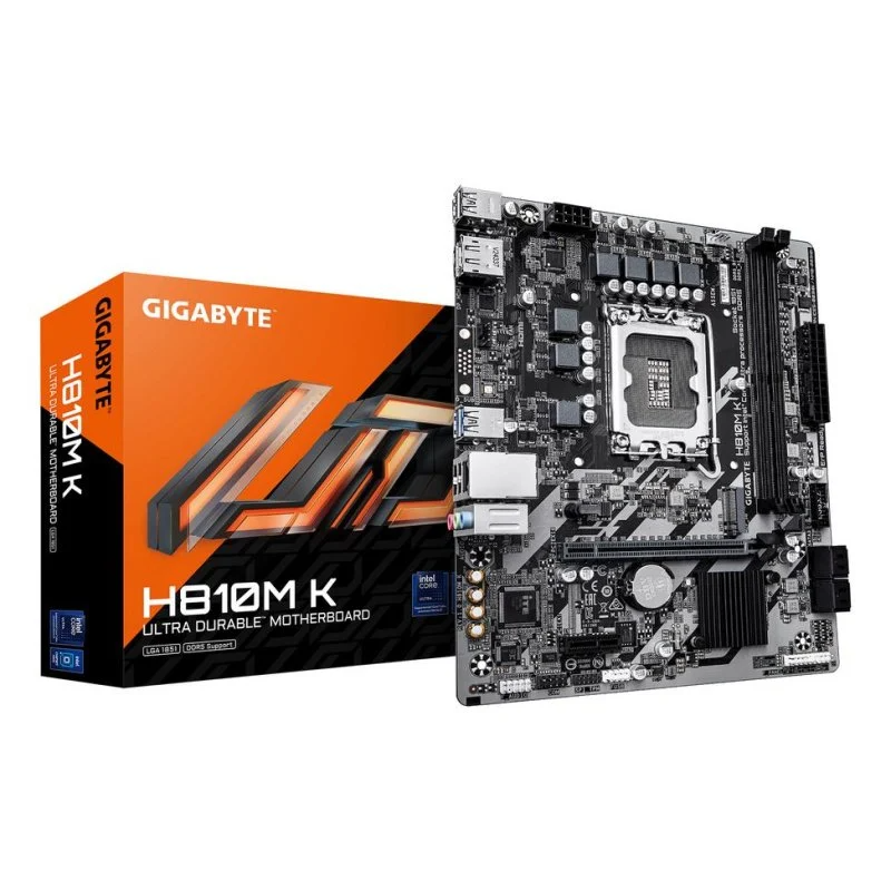 Placa-mãe Gigabyte H810M K com caixa ao lado