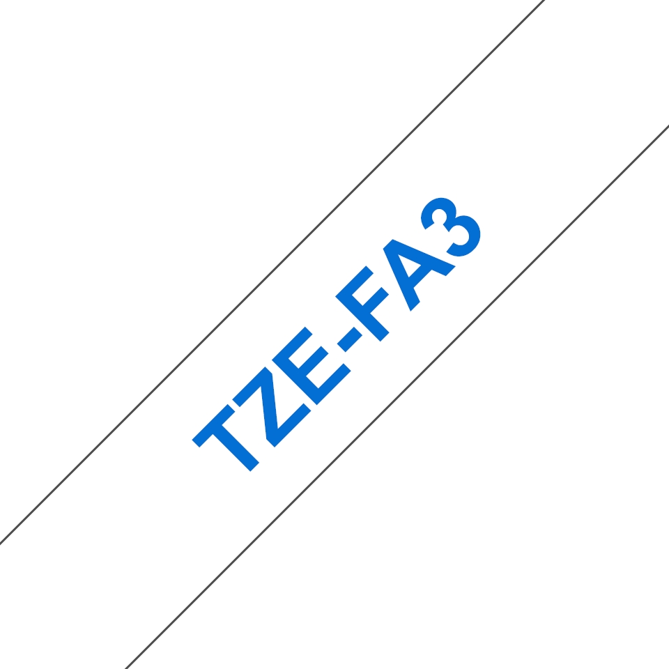 Etiqueta branca com texto azul TZE-FA3 inclinada