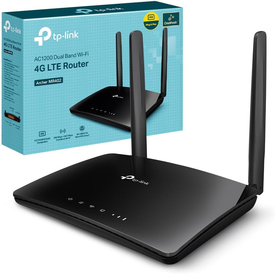 Router 4G LTE TP-Link Archer MR402 preto com duas antenas e caixa azul de embalagem