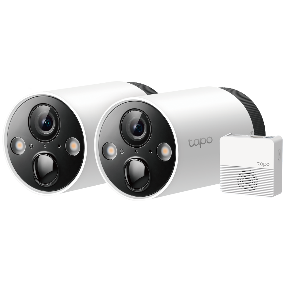 Conjunto de duas câmaras de vigilância e um dispositivo de cor branca com a marca tapo