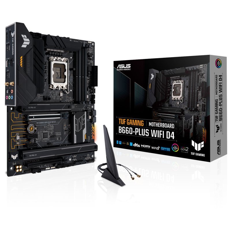 Placa-mãe ASUS TUF GAMING B660-PLUS WIFI D4 com antena e caixa de produto
