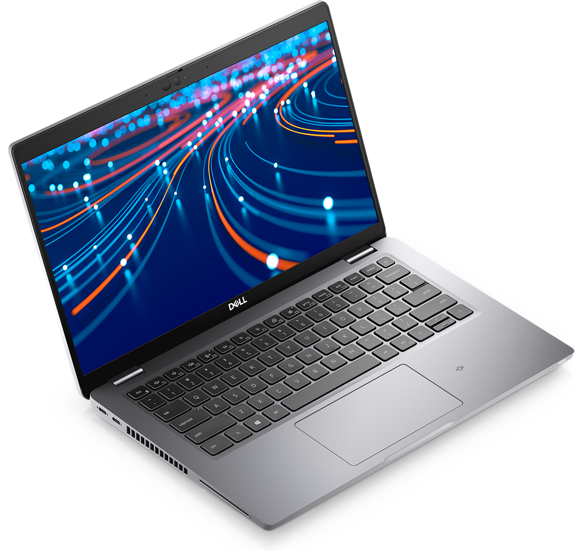 Portátil Dell cinza com teclado preto e ecrã com imagem abstrata azul e laranja