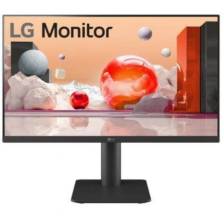 Monitor LG preto com suporte e ecrã mostrando formas geométricas coloridas e texto LG Monitor