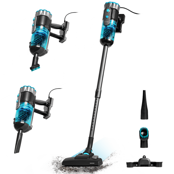 Aspirador vertical sem fios azul e preto com acessórios
