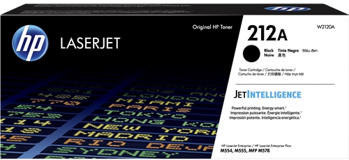 Embalagem de toner HP LaserJet 212A preto com texto e design digital