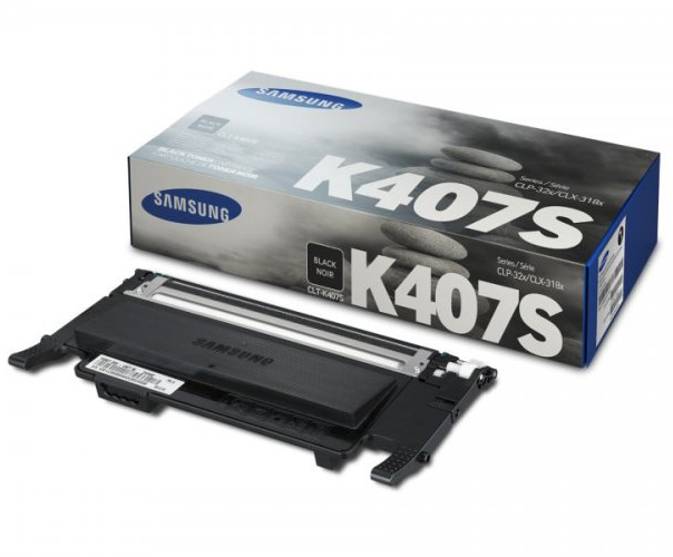 Tonner Samsung K407S preto com embalagem branca e azul.