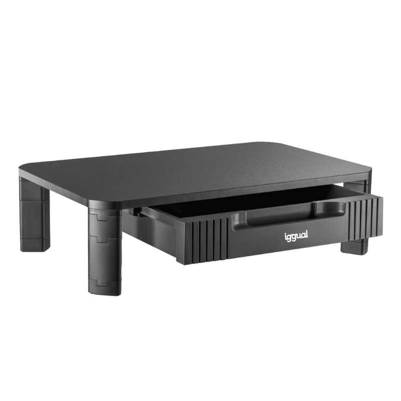 Suporte preto para monitor com gaveta e pernas