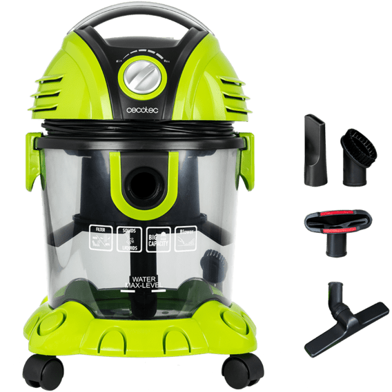 Aspirador verde e preto Cecotec com acessórios, fundo branco