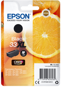 Embalagem de cartucho de tinta preta Epson 33 XL com imagem de uma laranja cortada