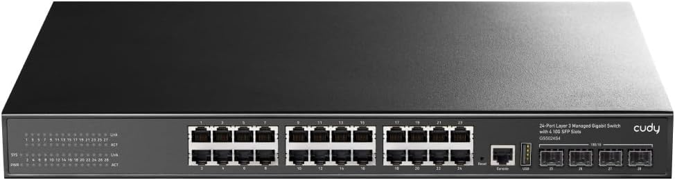 Switch de rede cudy GS5024S4 preto com 24 portas RJ45 e 4 portas SFP