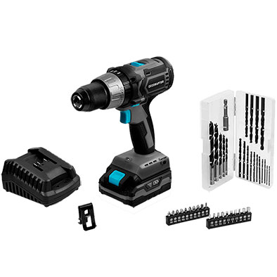 Conjunto de furadeira elétrica com acessórios e brocas