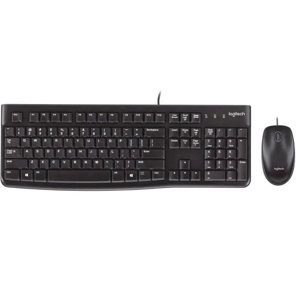 Conjunto teclado e rato Logitech preto com fios sobre fundo branco