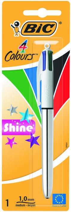 Caneta BIC 4 Colours Shine em embalagem laranja com corpo branco e múltiplas cores.