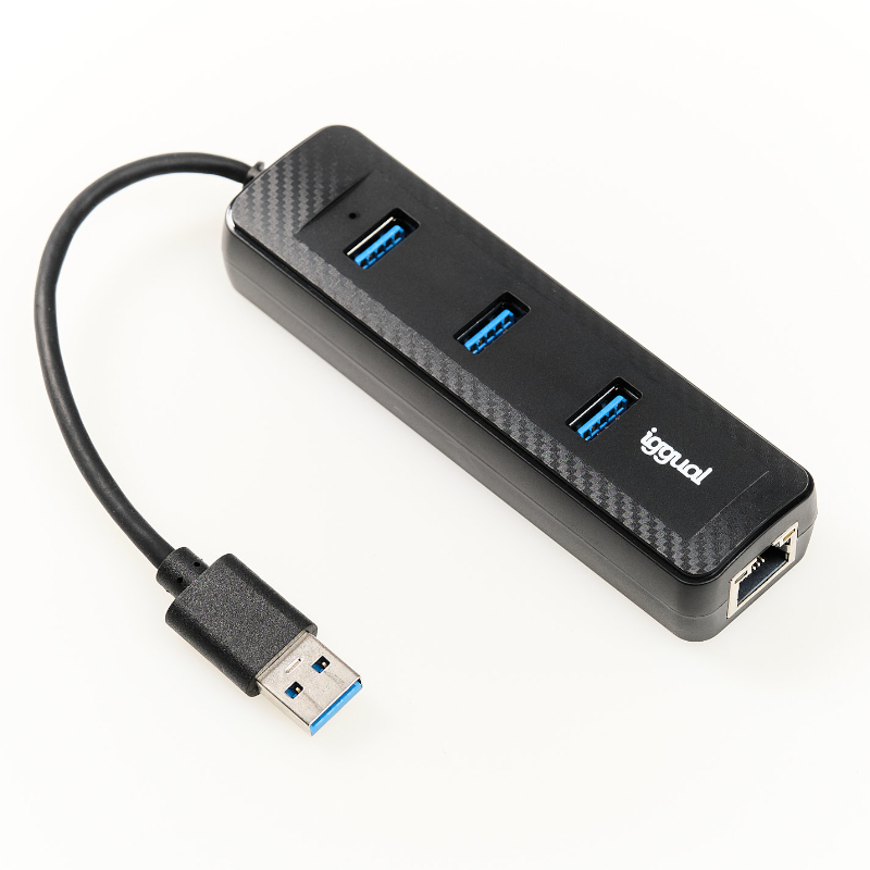 Hub USB 3.0 preto com três portas USB e uma porta Ethernet