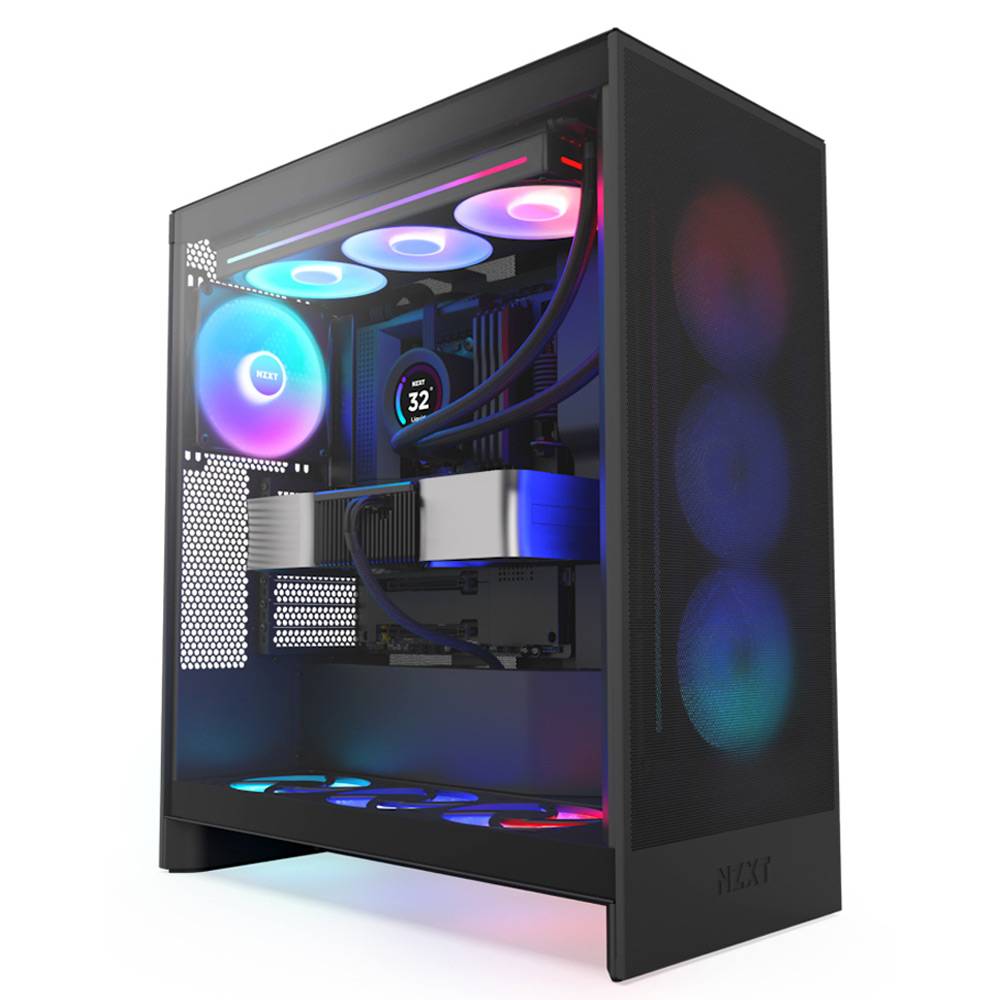 Computador de secretária preto com luzes LED RGB e display digital no cooler