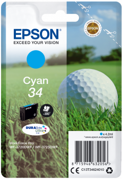 Cartucho de tinta Epson Cyan 34 com design de campo de golfe na embalagem