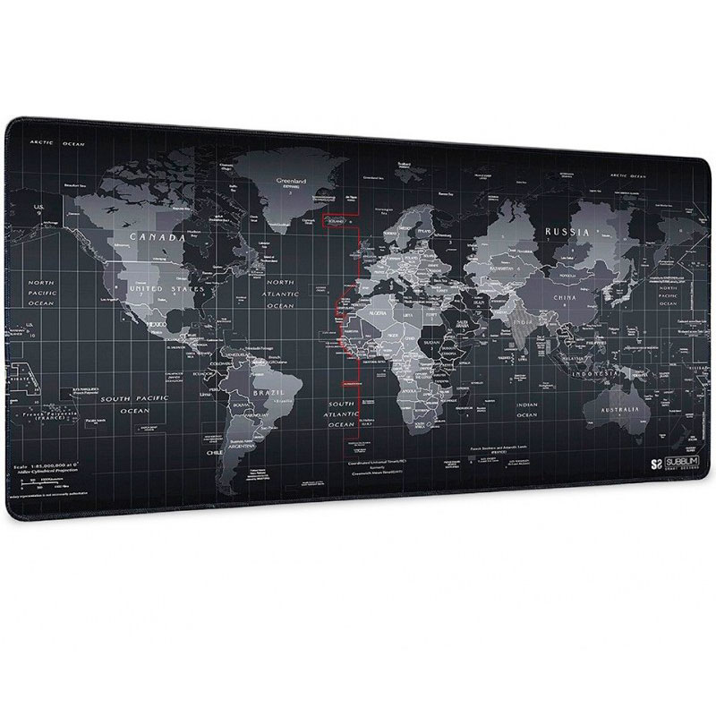 Tapete grande com mapa-múndi em preto e cinza com texto e escala visível