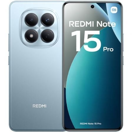 Smartphone Redmi Note 15 Pro azul com três câmaras traseiras e ecrã frontal