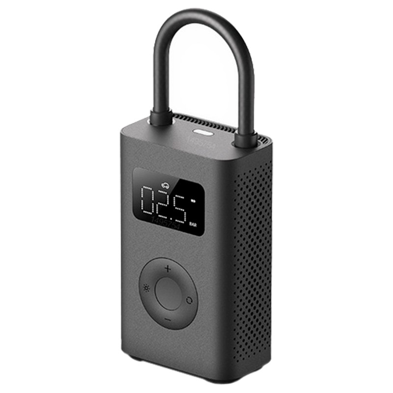 Bomba de ar portátil cinzenta com visor digital preto e botões