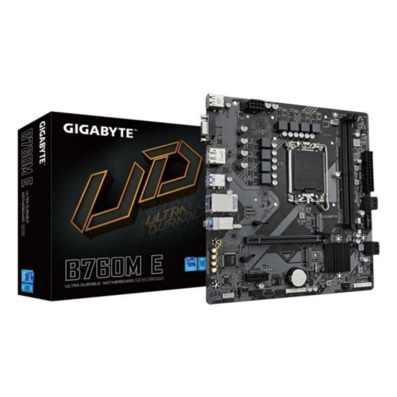 Placa mãe Gigabyte B760M E com caixa preta e texto WD