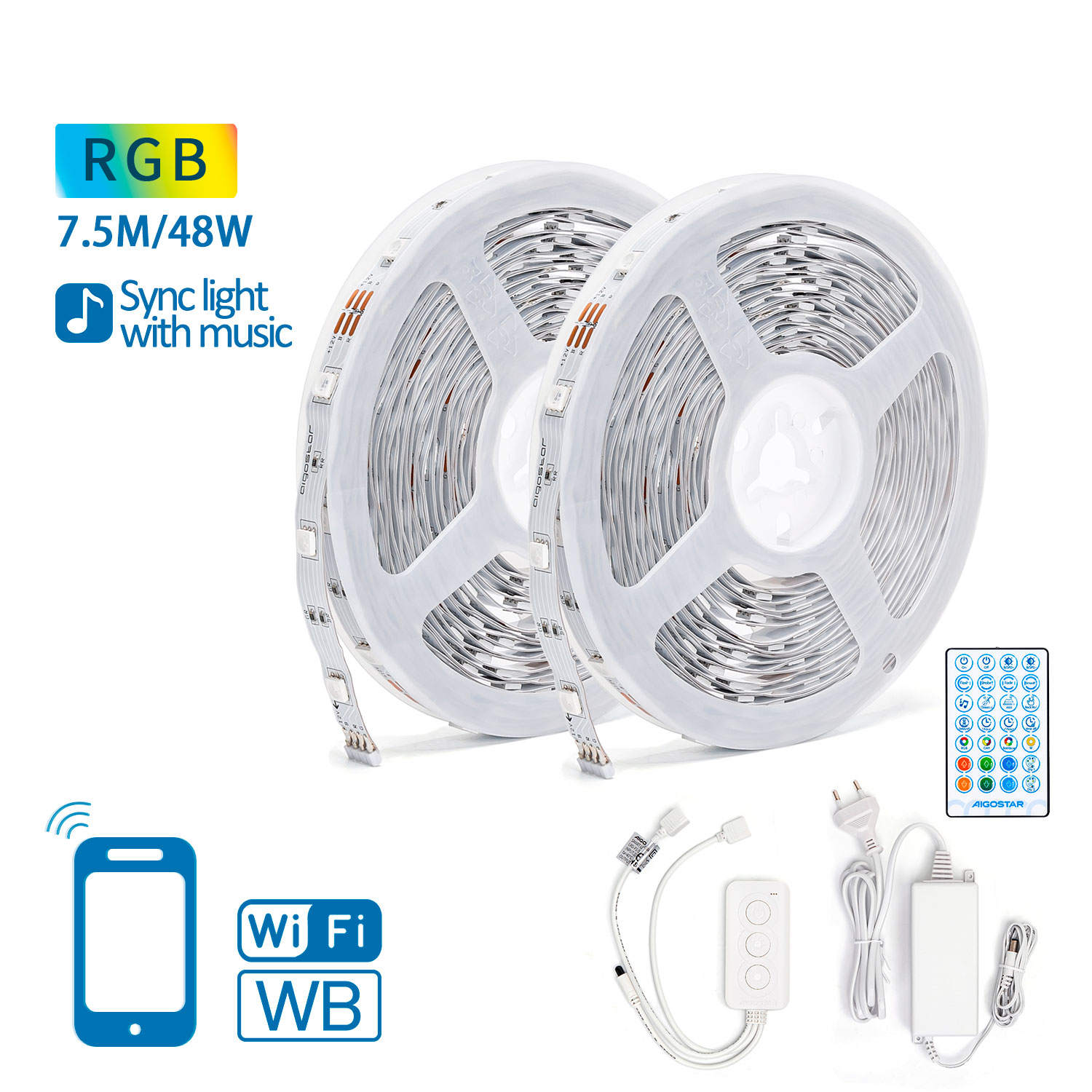 Tiras de luz LED RGB brancas com comando e acessórios