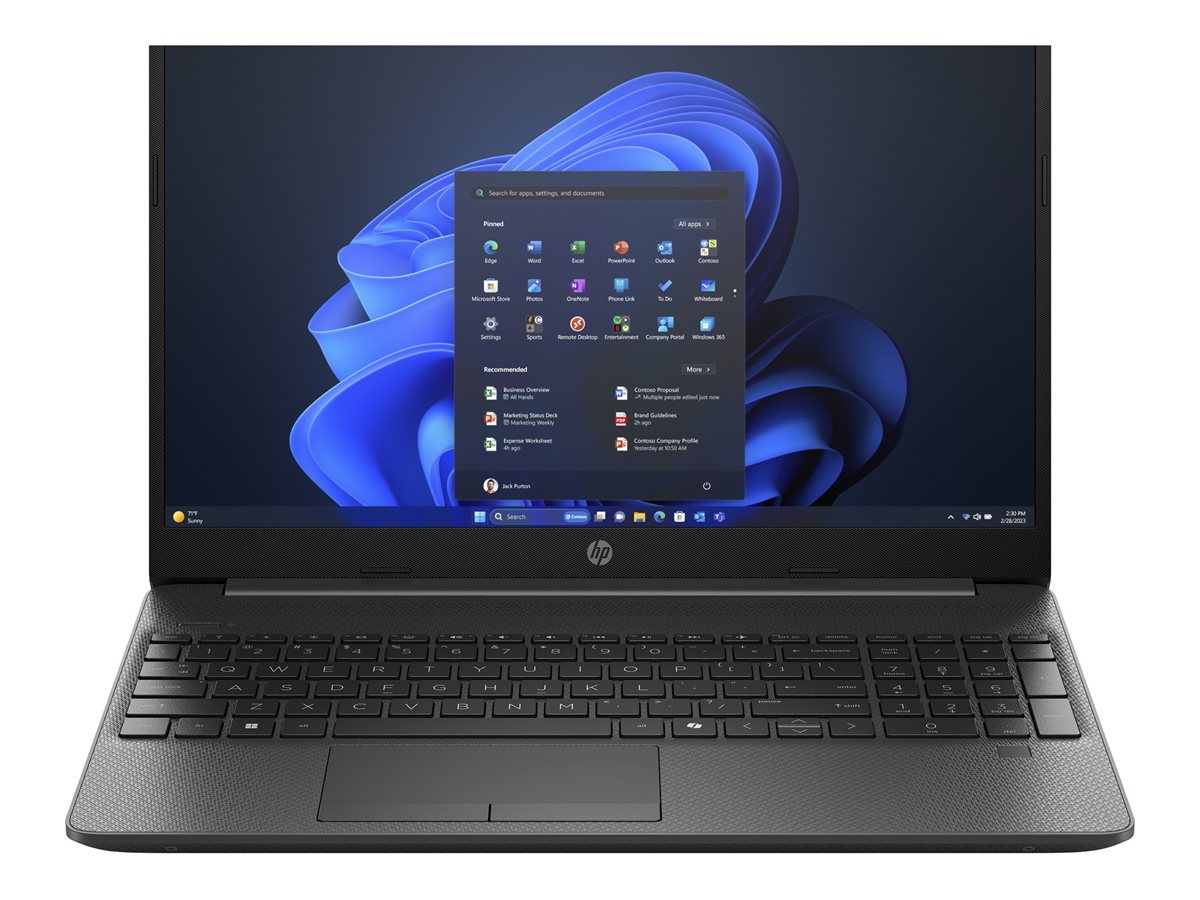 Computador portátil HP preto com ecrã ligado a mostrar ambiente Windows 11