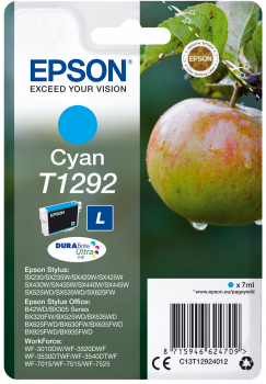 Embalagem tinteiro Epson Cyan T1292 com maçã verde ao fundo