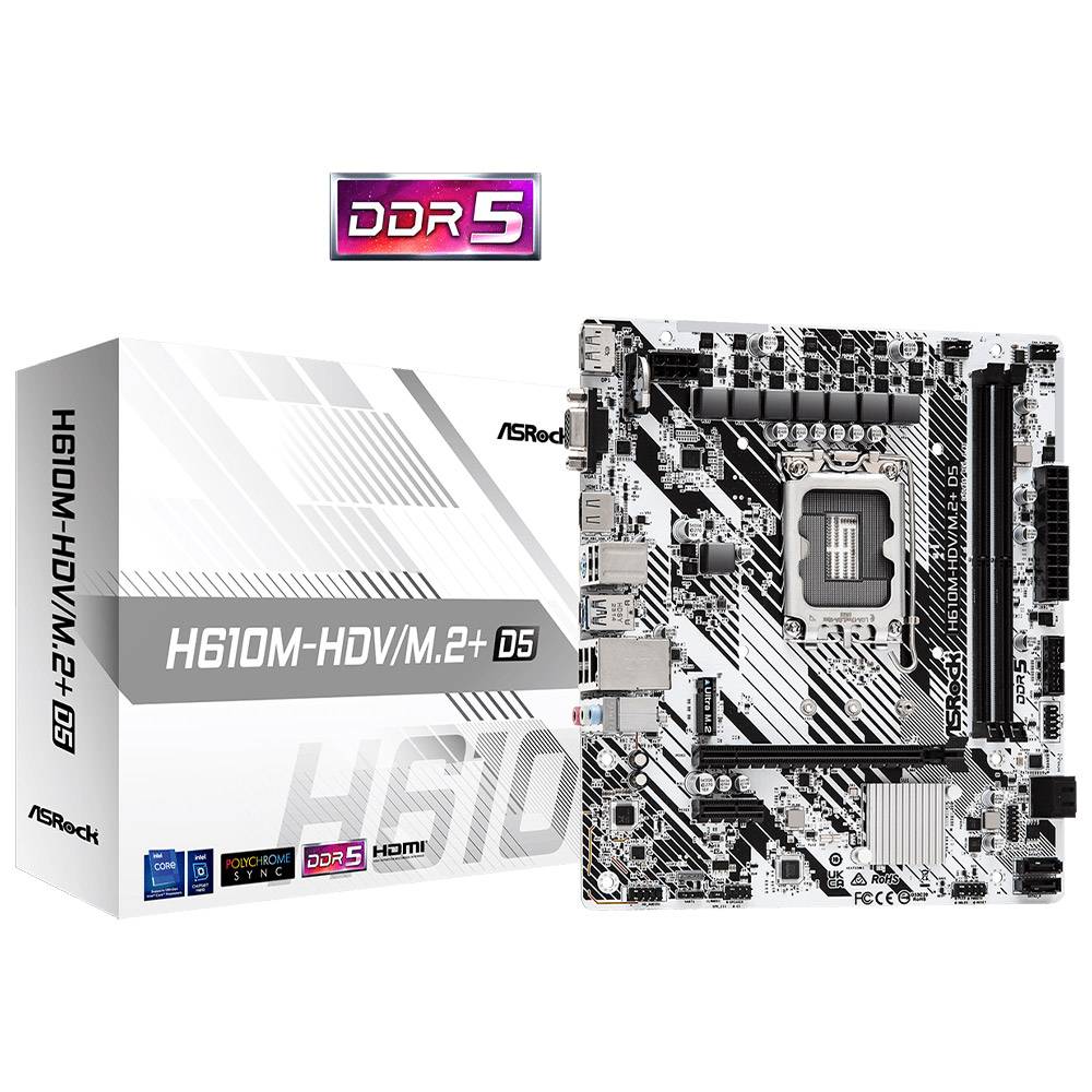 Placa-mãe ASRock H610M-HDV/M.2+ D5 com embalagem branca ao lado