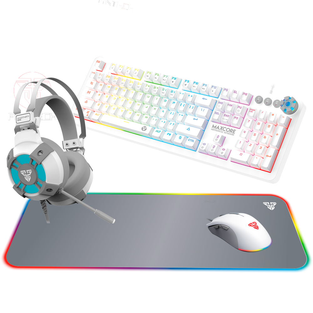 Conjunto gaming branco com teclado mecânico, headset com microfone, rato e tapete com iluminação RGB