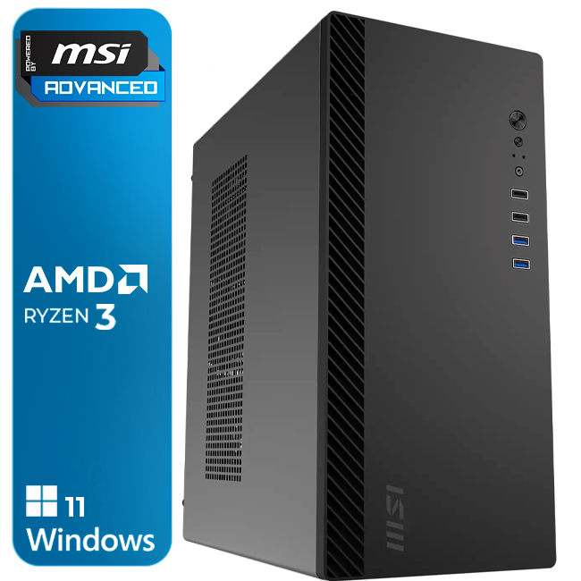 Computador MSI preto com texto AMD Ryzen 3 e Windows 11 em fundo azul