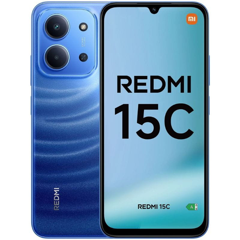 Smartphone Redmi 15C azul com duas câmaras traseiras e ecrã frontal com texto REDMI 15C