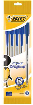 Este conjunto de esferográficas BIC Azul mostra cinco canetas com corpo transparente e tampa azul numa embalagem amarela.