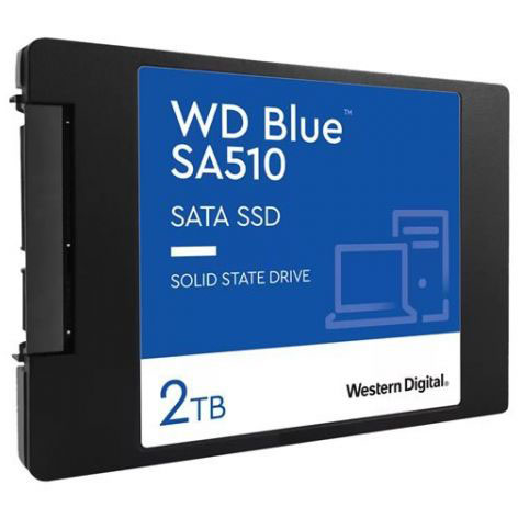 Disco SSD SATA WD Blue SA510 2TB preto com etiqueta azul e branca