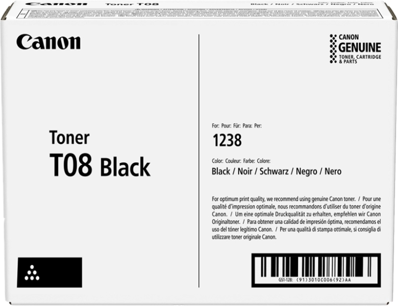 Caixa branca de toner Canon T08 Black com texto em preto