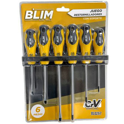 Conjunto de 6 destornilladores BLIM com cabo preto e amarelo em suporte transparente