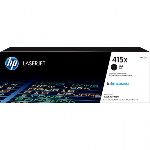 Toner HP LaserJet 415X preto W2030X em caixa preta e branca com texto colorido