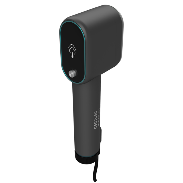 Dispositivo elétrico portátil preto com botão prateado e texto cecotec