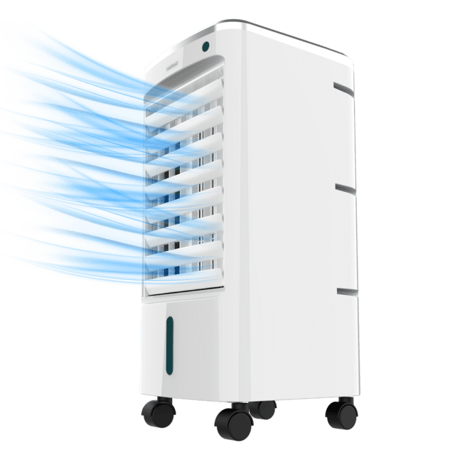 Ar condicionado portátil branco com rodízios e fluxo de ar azuis