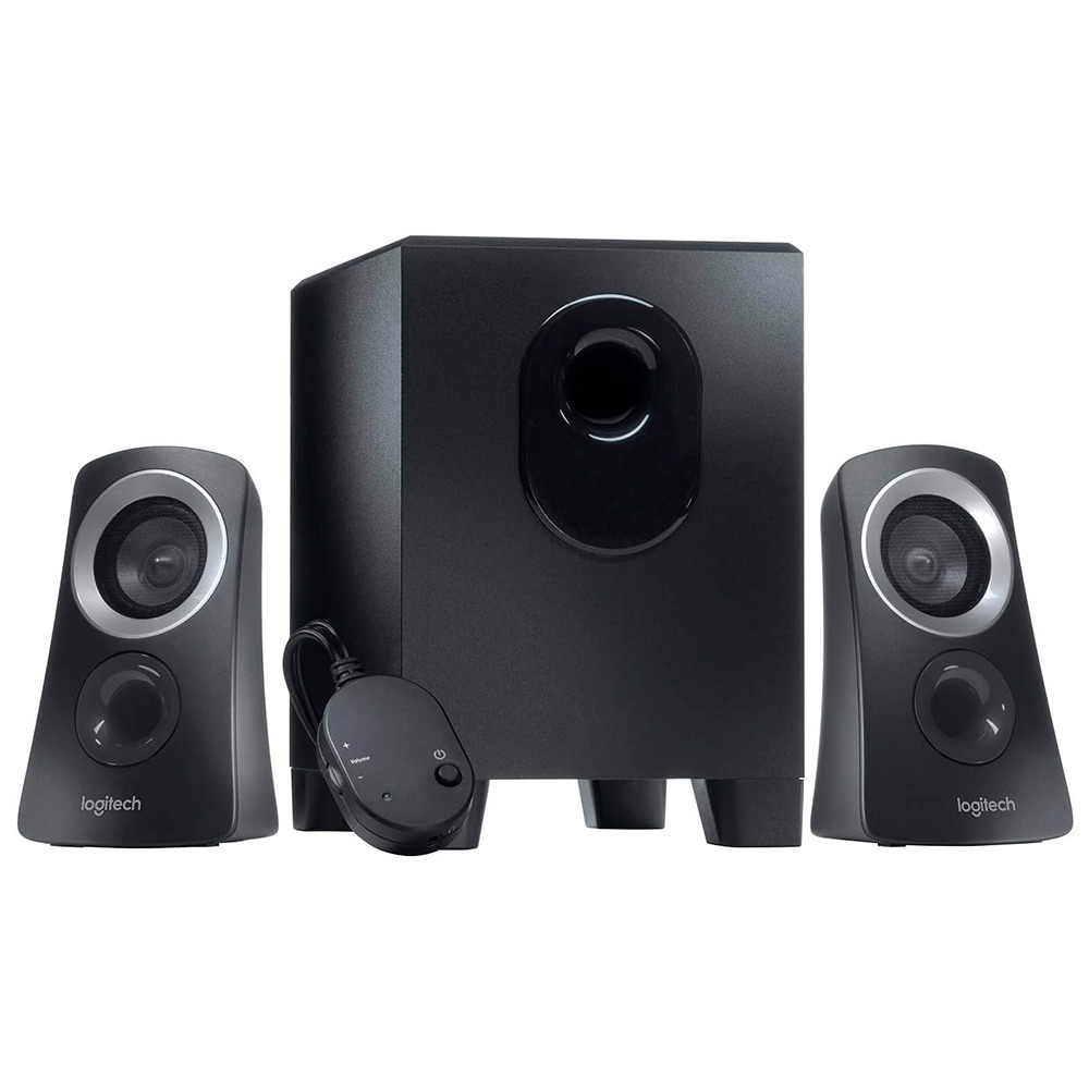 Conjunto de colunas Logitech pretas com subwoofer e controlo por cabo