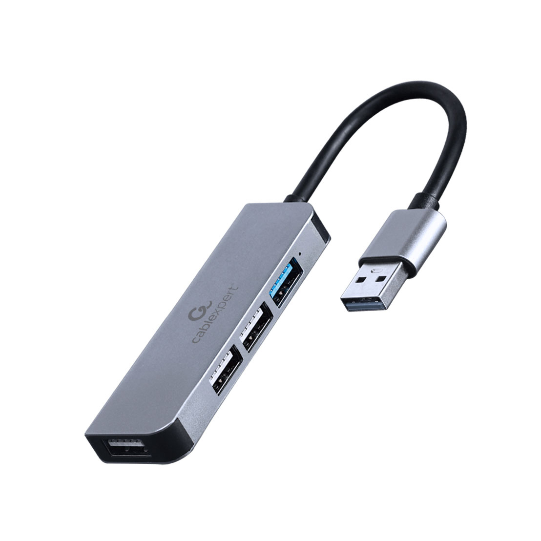 Hub USB cinza metálico com cabo preto e três portas USB tipo A