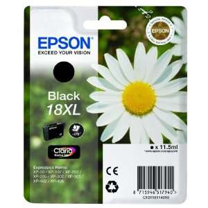 Cartucho de tinta preta Epson 18XL em embalagem com flor branca