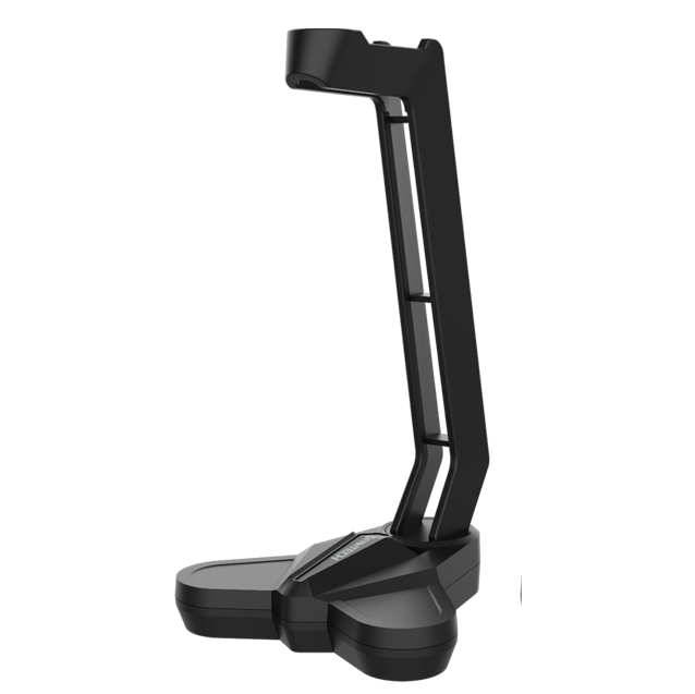 Suporte preto para headphones com base estável e design ergonómico