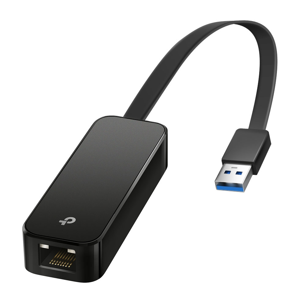 Adaptador USB 3.0 preto com conector RJ45 e cabo curto