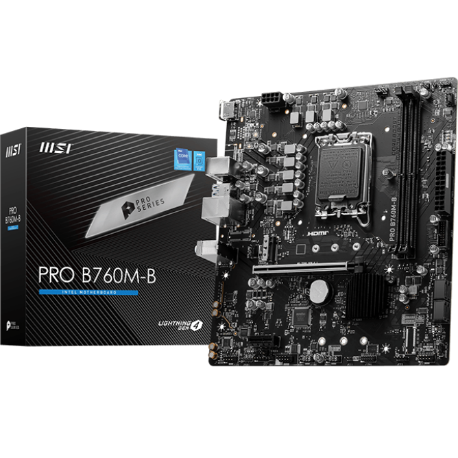 motherboard MSI Pro B760M-B com caixa preta de fundo