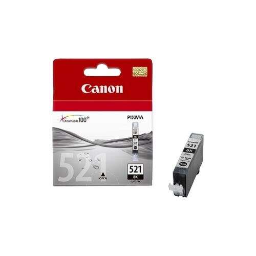 Embalagem e tinteiro preto Canon PIXMA 521 com texto e logo da marca