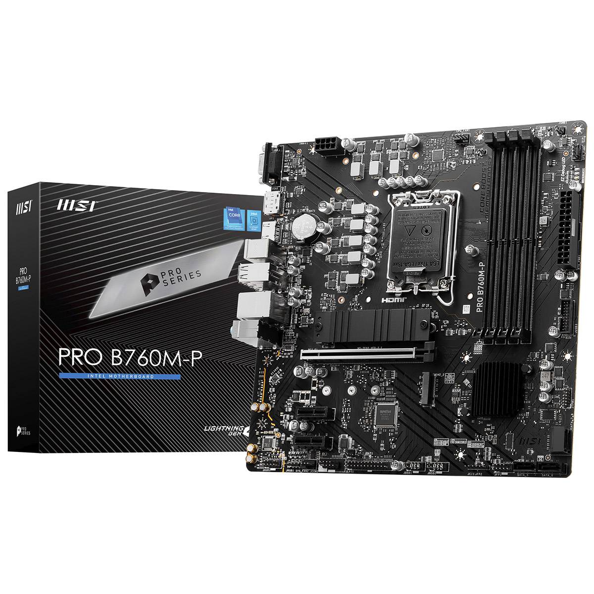 Motherboard MSI PRO B760M-P preta ao lado da caixa preta com textos PRO SERIES e PRO B760M-P