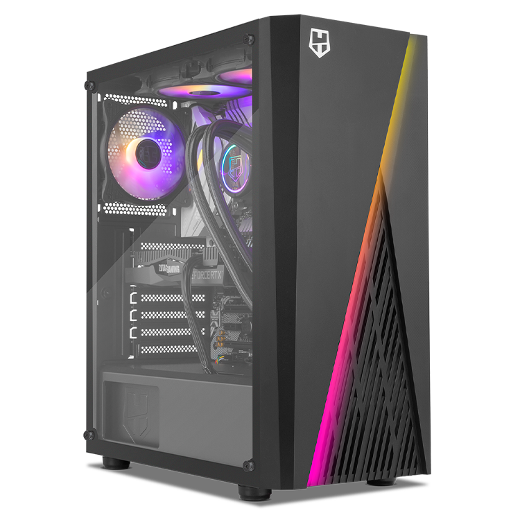 Computador de torre preta com luzes RGB e painel lateral de vidro