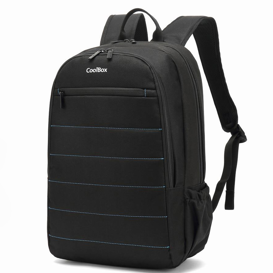 Mochila preta com fecho e linhas de costura azuis da marca CoolBox