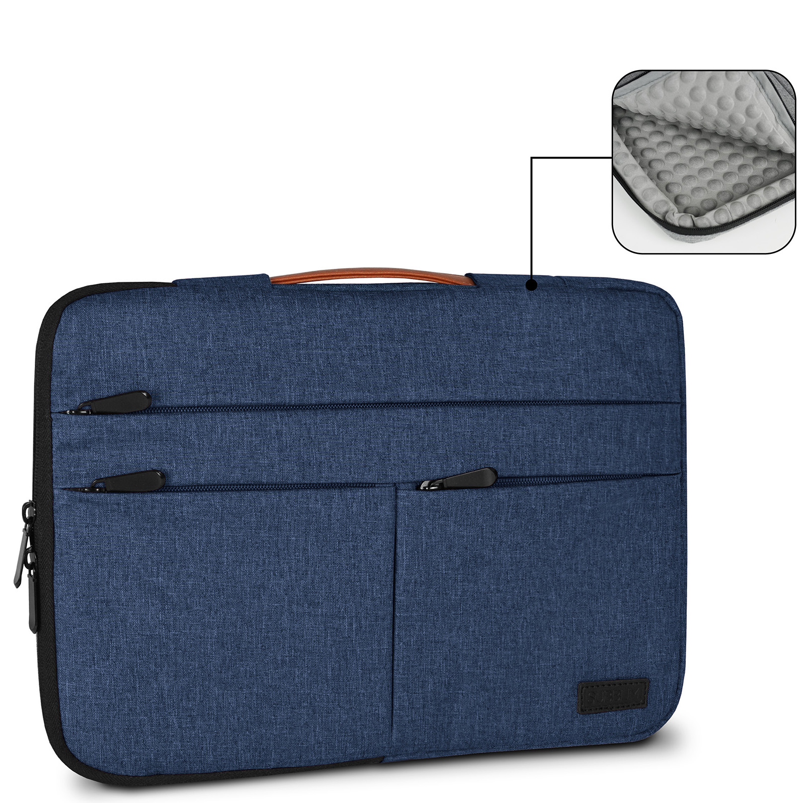 Mala azul para portátil com várias divisórias e interior acolchoado em padrão de bolhas